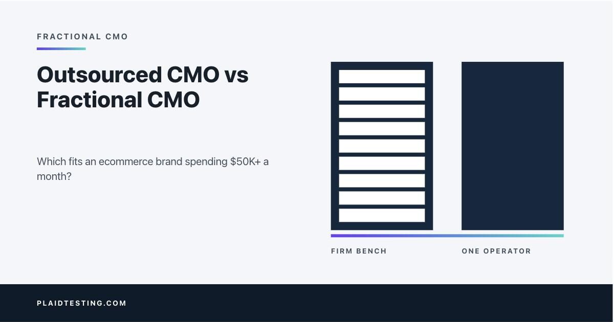 Abstract graphic contrasting a many-block column with a single solid column, representing outsourced versus fractional CMO