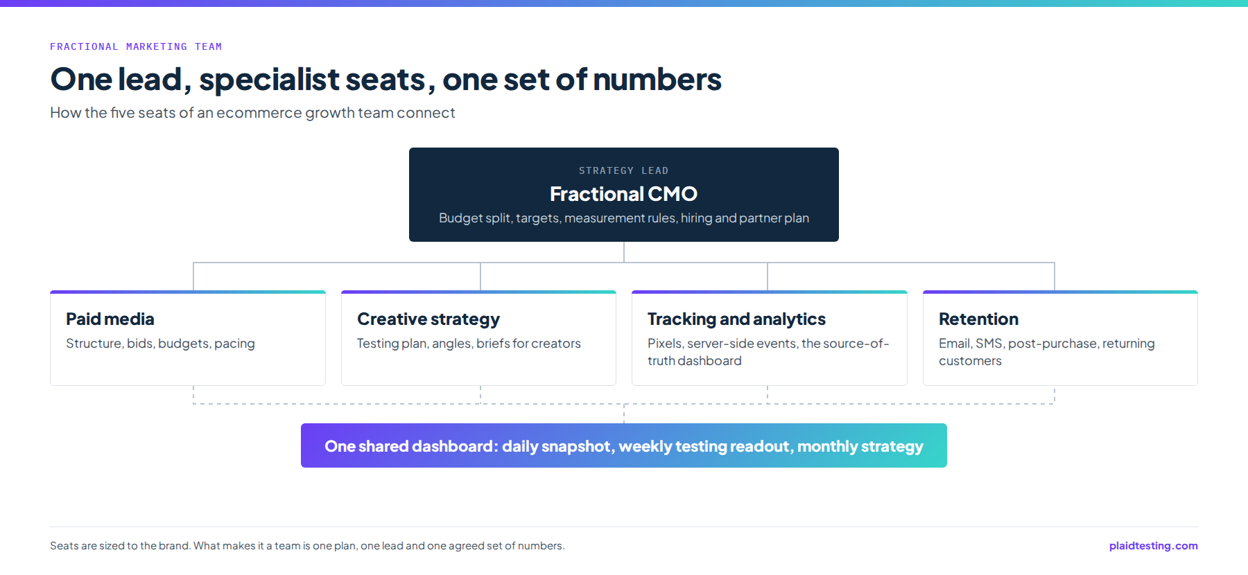 Diagram of a fractional marketing team for an ecommerce brand: a fractional CMO as strategy lead connected to paid media, creative strategy, tracking and analytics, and retention seats, all working from one shared dashboard.